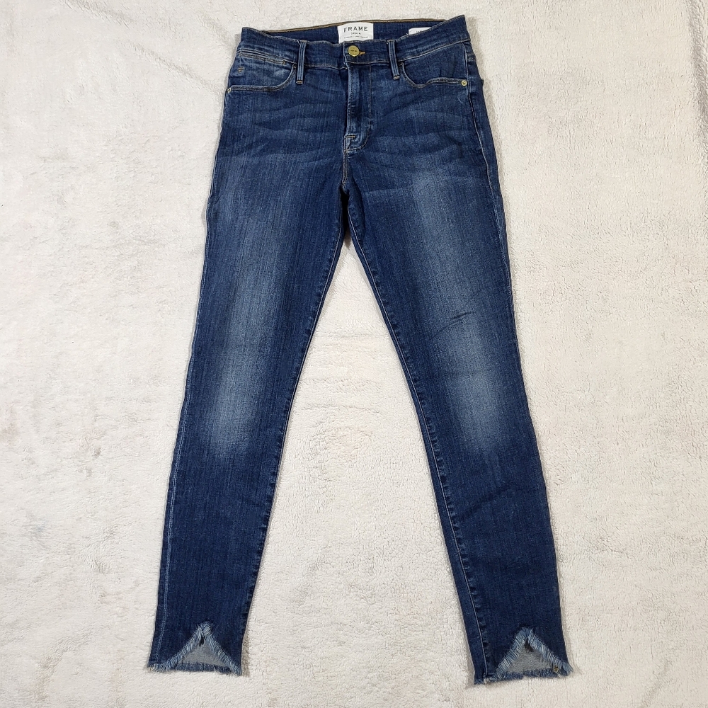 FRAME Le High Skinny Distressed Blue Jeans Denim Size‎ 28 Fray Cropped